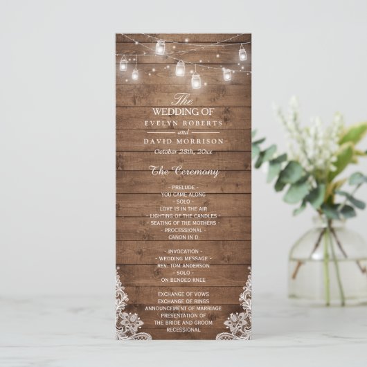 Wood Rustic String Lights Lace Wedding Programme (Debout devant)