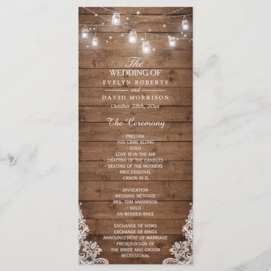 Wood Rustic String Lights Lace Wedding Programme (Devant)