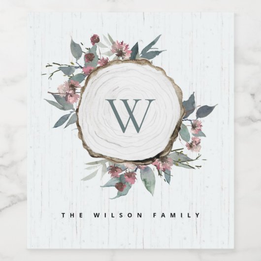 WOOD SLICE PINK BOTANICAL MONOGRAM FAMILIM NAME WIJN ETIKET (Enkel label)