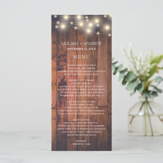 Wood String Lights Bruiloft Menu (Staand voorkant)