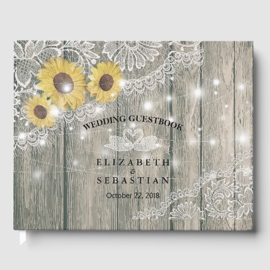 Wood Sunflower Lace String Light Wedding Guestbook Gastenboek (Voorkant)