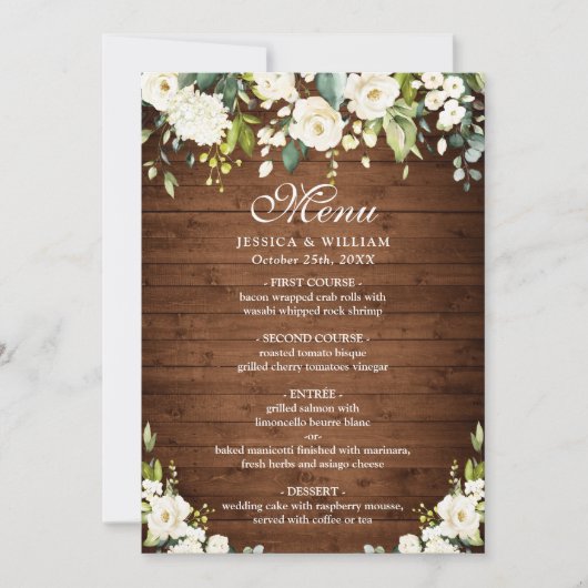 Wood- & White Rose Rustic Menu Bigdenmenu Kaart (Voorkant)