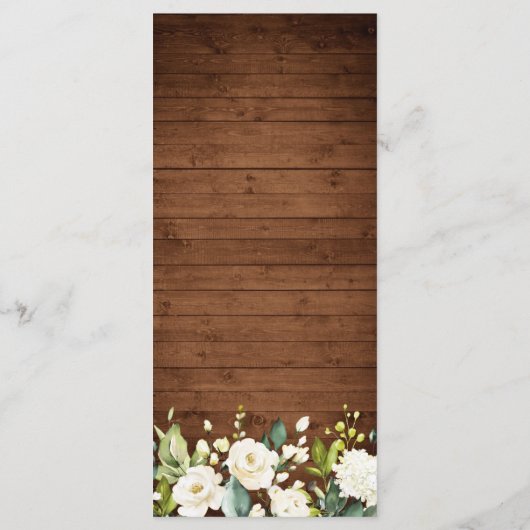 Wood & White Rose Rustieke Bloemenbruiloft Menu Ka (Achterkant)