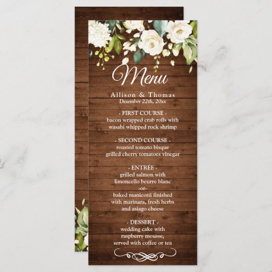 Wood & White Rose Rustieke Bloemenbruiloft Menu Ka (Voorkant / Achterkant)