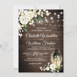 Wood & White Roses & Lantern Watercolor wedding Kaart