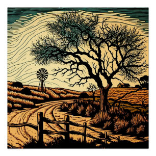 Woodcut Landscape Perfect Poster