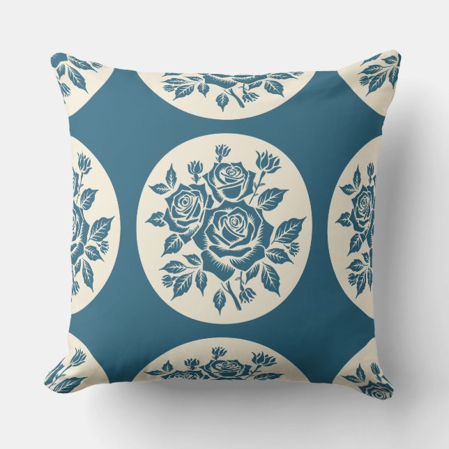 Woodcut Rose Boeket Locket Cream Navy Kussen (Voorkant)