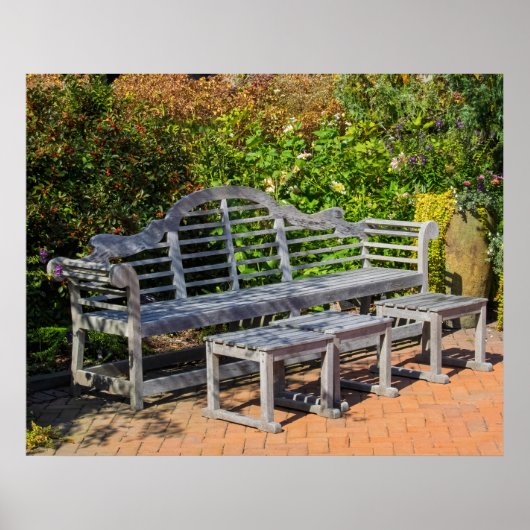Wooden Bench in Lush Garden Poster (Voorkant)