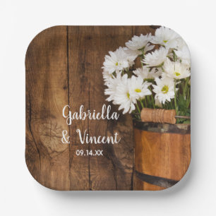 Wooden Bucket White Daisies Country Barn Wedding Papieren Bordje