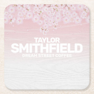 Wooden Cherry Blossom Rustic Vierkante Kartonnen Onderzetter