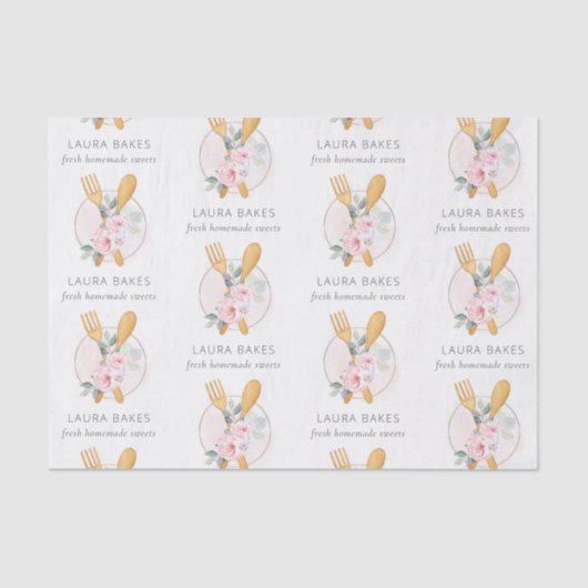 Wooden Fork Spoon Blush Pink Floral Chef Logo Tissuepapier (Voorkant)