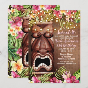 Wooden Hawaiian Tiki Luau Summer Sweet 16 Party Kaart