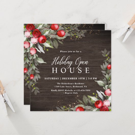 Wooden Holly Berry Holiday Open House Invitation (Devant/Arrière en situation)