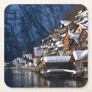 Wooden lakeside houses in Hallstatt, Oostenrijk Vierkante Kartonnen Onderzetter