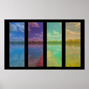Wooden Pier over een Calm Lake Landscape Quadtrych Poster