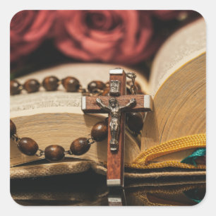 Wooden Rosary met Jezus op Cross Vierkante Sticker
