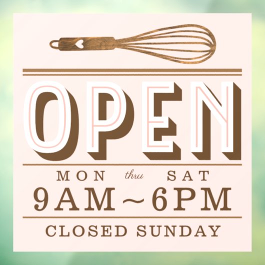 Wooden Rustic Whisk Open Hours Bakery Business Raamsticker (Vel 3)