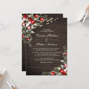 Wooden Rustic Winter Berries Wedding Invitation Kaart