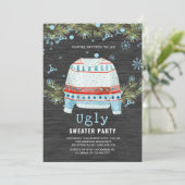 Wooden Snowy Ugly Sweater kerst Uitnodiging (Staand voorkant)