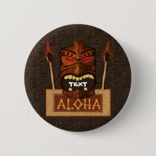 Wooden Tiki Mask Retro ALOHA Hawaiian Ronde Button 5,7 Cm