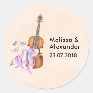Wooden Violen & Ballet Shoes Wedding Date Ronde Sticker