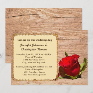 Wooden Wall & Red Rose Wedding Invitation Kaart