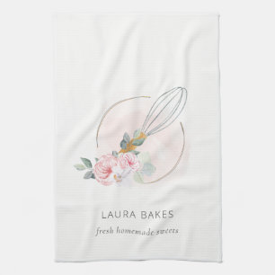 Wooden Whisk Blush Waterverf Floral Chef Logo Kit Theedoek