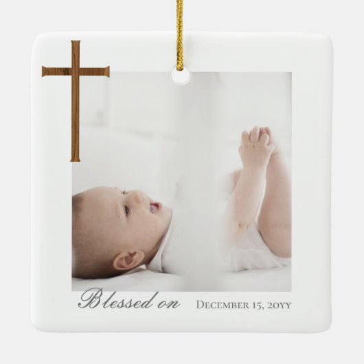 Woodgrain Baptism Calligraphy Photo Collage Baby Keramisch Ornament (Achterkant)