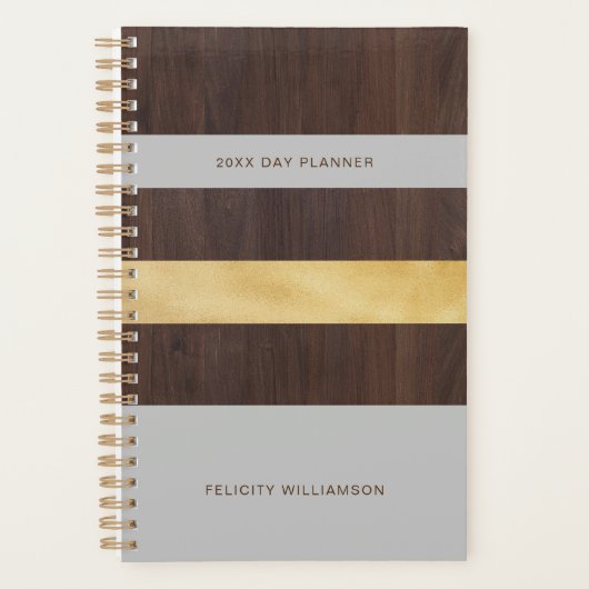 Woodgrain Gold en Grey Stripe Modern Retro Planner (Voorkant)