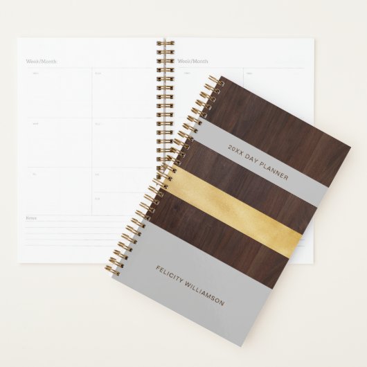 Woodgrain Gold en Grey Stripe Modern Retro Planner (Display)