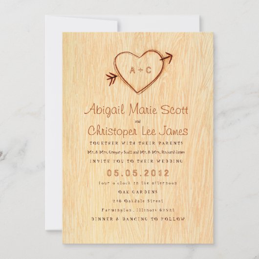 Woodgrain met Heart Wedding Invitation Kaart (Voorkant)