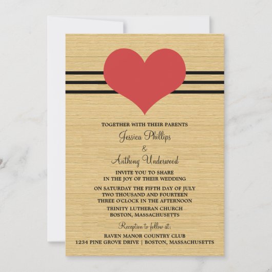 Woodgrain Mod Heart Wedding Invite, Red Kaart (Voorkant)