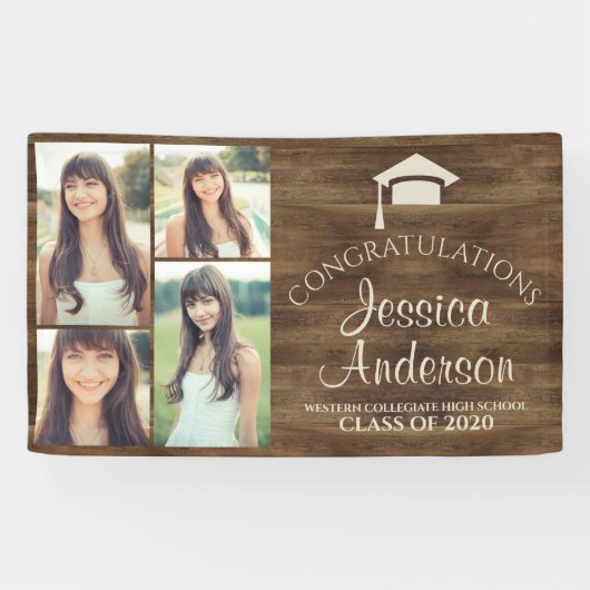 Woodgrain Rustic Wood Photo Template Afstuderen Spandoek (Horizontaal)