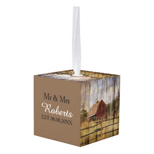 Woodgrain westerne land rode schuur bruiloft ornament