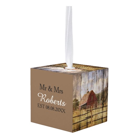 Woodgrain westerne land rode schuur bruiloft ornament (Achter hoekig)