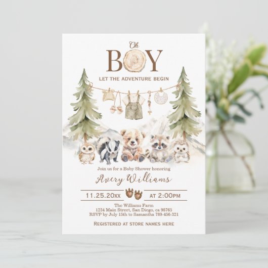 Woodland Adventure Oh Boy Baby shower Invitation (Debout devant)