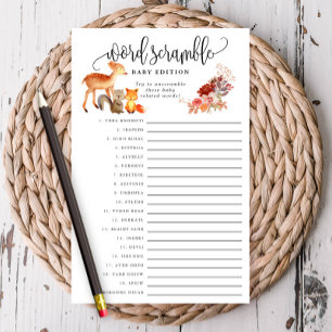 Woodland Animal Baby Word Scramble Paper Game Kaar Flyer