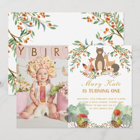 Woodland Animals 1e verjaardag Kaart (Voorkant / Achterkant)