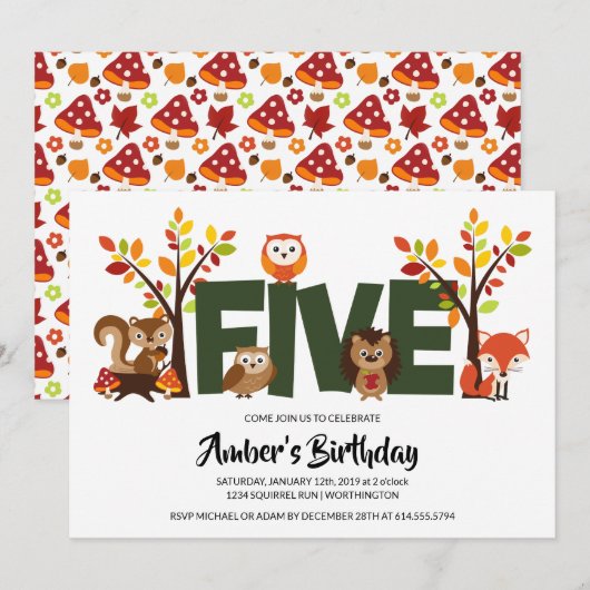 Woodland Animal's 5e uitnodiging van de Birthday P (Voorkant / Achterkant)
