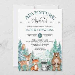 Woodland Animals Adventure Awaits Baby shower Invi Kaart