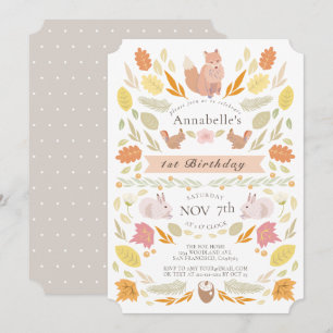 Woodland Animals Autumn Foliage 1st Birthday Kaart