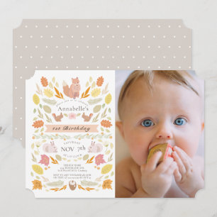 Woodland Animals Autumn Foliage Foto 1st Birthday Kaart