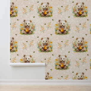 Woodland Animals Baby Beer Wilde Bloemen Honingbij Behang