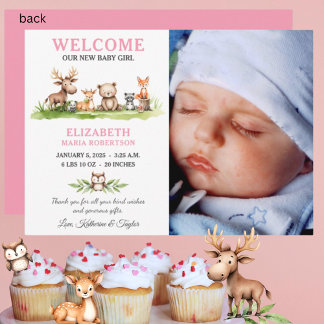Woodland Animals Baby Girl Photo Faire-part Card