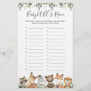 Woodland Animals Baby shower ABC's Race Game