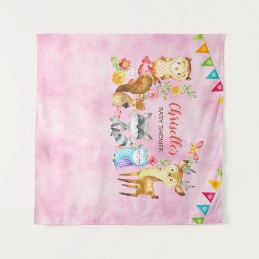 Woodland Animals Baby shower Backdrop Banner Roze Wandkleed (Voorkant (horizontaal))