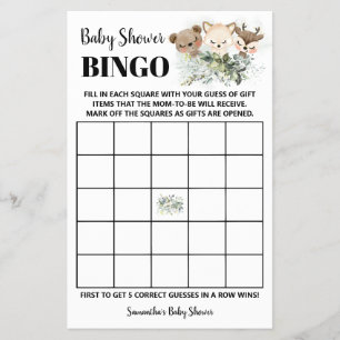 Woodland Animals Baby shower Bingo Game Kaart