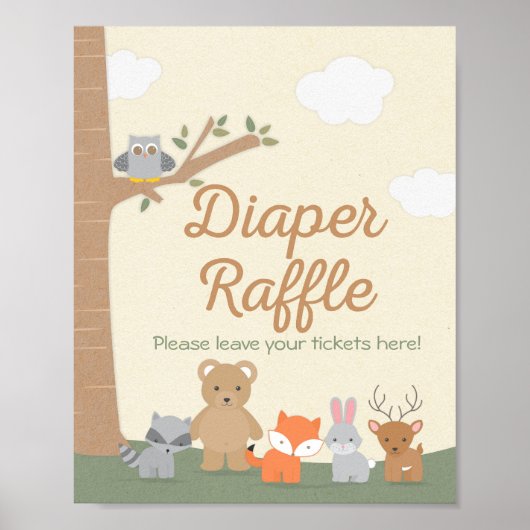 Woodland Animals Baby shower Diaper Raffle Sign Poster (Voorkant)
