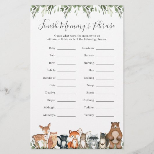 Woodland Animals Baby shower Finish Mam's Phrase (Voorkant)