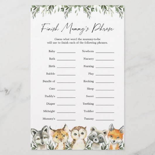 Woodland Animals Baby shower Finish Mummy's Phrase (Voorkant)